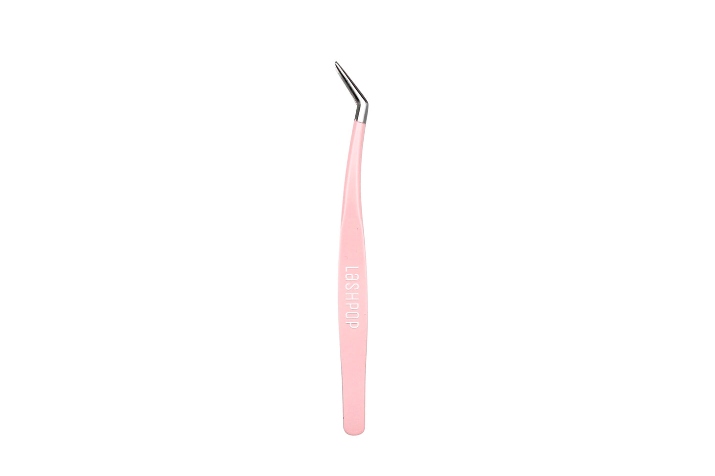Pink and silver stainless steel Lashpop lash applicator. These angled, pointed tweezers are pictured against a white background.