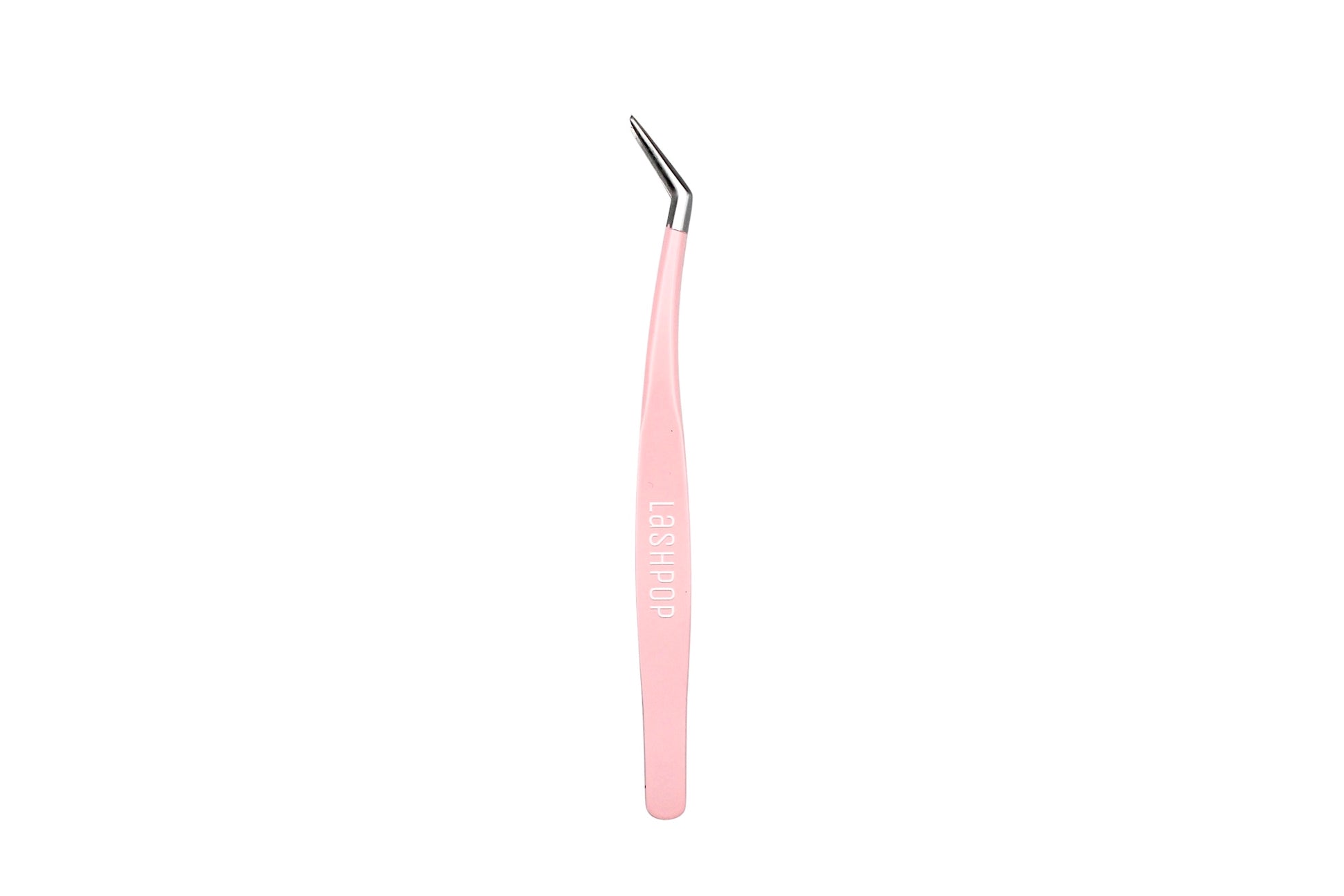 Pink and silver stainless steel Lashpop lash applicator. These angled, pointed tweezers are pictured against a white background.